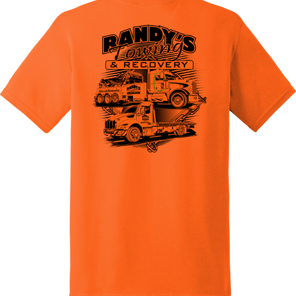Orange Randy's Towing and Recovery graphic t-shirt