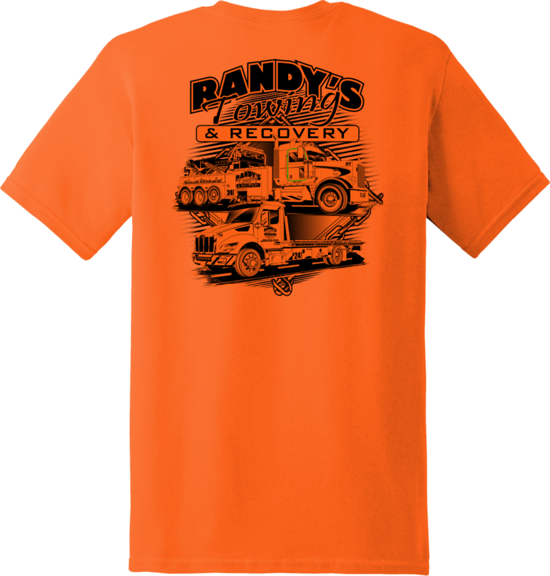 Orange Randy's Towing and Recovery graphic t-shirt