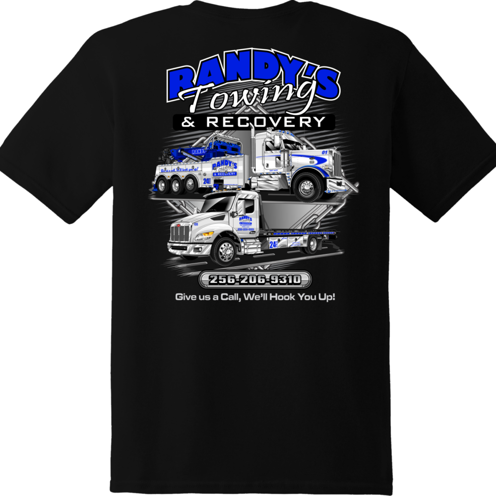 Randy's Towing and Recovery black t-shirt design