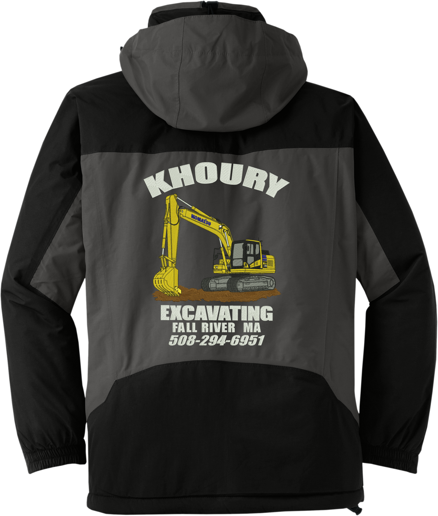 Khoury Excavating jacket with yellow excavator graphic