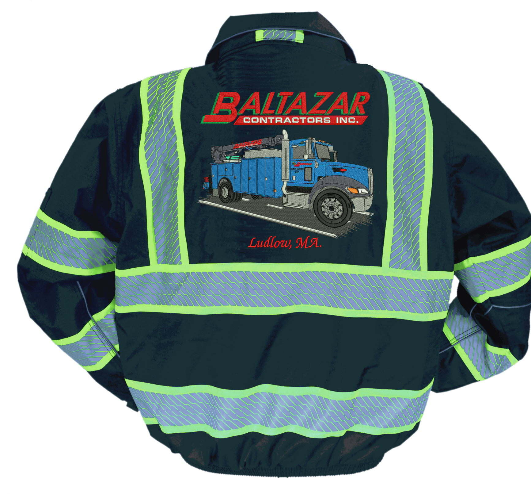 Safety jacket with contractor logo and truck graphic