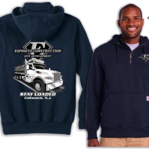 Navy Carhartt hoodie with construction logo design