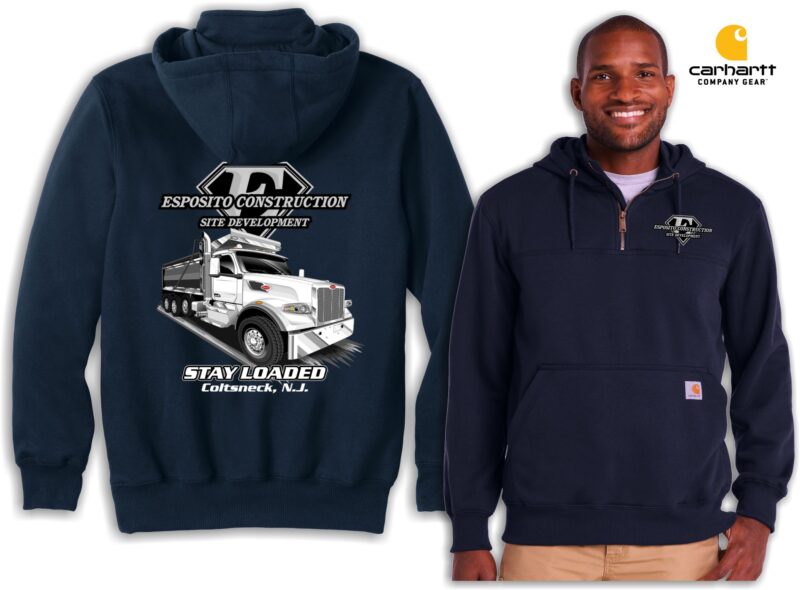 Navy Carhartt hoodie with construction logo design